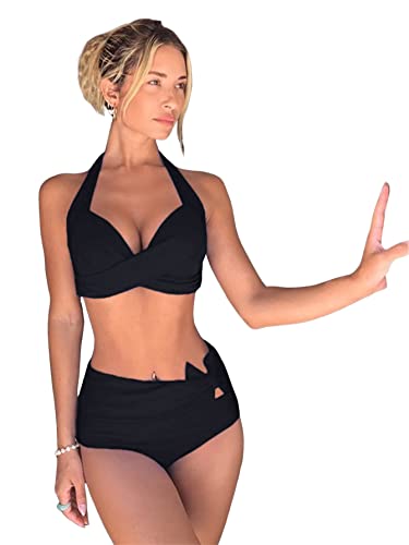 GORGLITTER Damen Push-Up Bikini Sets Neckholder Hohe Taille Triangel Bikinitop High Waist Bademode Zweiteiliger Badeanzug mit Zwirn Schwarz M von GORGLITTER