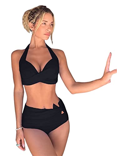 GORGLITTER Damen Push-Up Bikini Sets Neckholder Hohe Taille Triangel Bikinitop High Waist Bademode Zweiteiliger Badeanzug mit Zwirn Schwarz S von GORGLITTER
