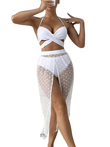 GORGLITTER Damen Push-Up Bikini Sets Neckholder Hohe Taille Wrap Bikinitop High Waist Bademode 3-teilige Set Badeanzug mit Strandrock Weiß L von GORGLITTER