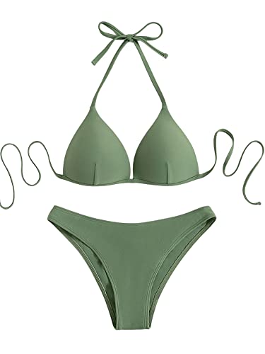 GORGLITTER Damen Push Up Bikini Sets Triangel Bademode Neckholder Swimsuit Zweiteiligwe Badeanzug Armeegrün S von GORGLITTER