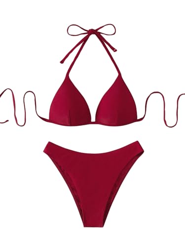 GORGLITTER Damen Push Up Bikini Sets Triangel Bademode Neckholder Swimsuit Zweiteiligwe Badeanzug Bordeaux M von GORGLITTER