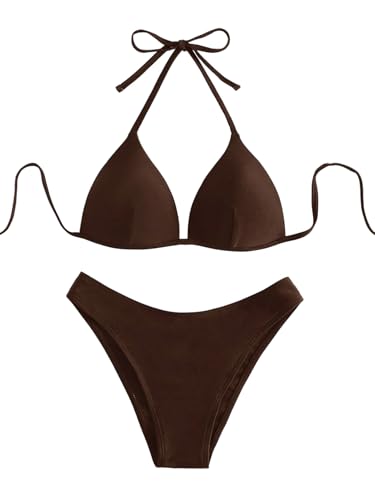 GORGLITTER Damen Push Up Bikini Sets Triangel Bademode Neckholder Swimsuit Zweiteiligwe Badeanzug Braun XS von GORGLITTER