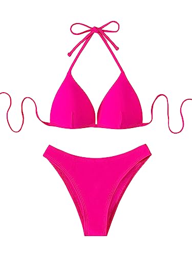 GORGLITTER Damen Push Up Bikini Sets Triangel Bademode Neckholder Swimsuit Zweiteiligwe Badeanzug Heißes Pink L von GORGLITTER
