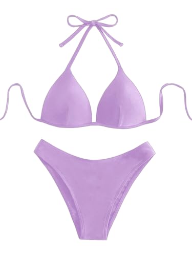 GORGLITTER Damen Push Up Bikini Sets Triangel Bademode Neckholder Swimsuit Zweiteiligwe Badeanzug Mauve Lila L von GORGLITTER