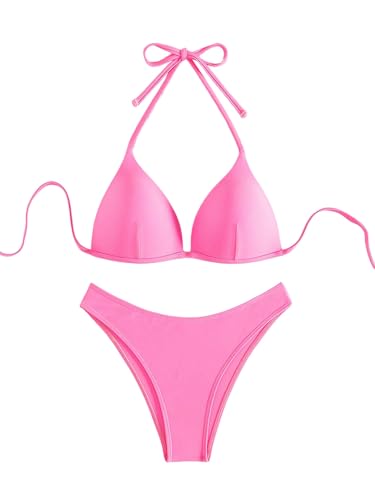 GORGLITTER Damen Push Up Bikini Sets Triangel Bademode Neckholder Swimsuit Zweiteiligwe Badeanzug Rosa XS von GORGLITTER