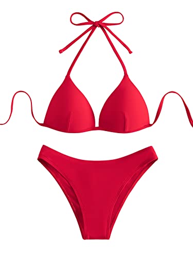 GORGLITTER Damen Push Up Bikini Sets Triangel Bademode Neckholder Swimsuit Zweiteiligwe Badeanzug Rot S von GORGLITTER