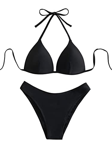 GORGLITTER Damen Push Up Bikini Sets Triangel Bademode Neckholder Swimsuit Zweiteiligwe Badeanzug Schwarz L von GORGLITTER