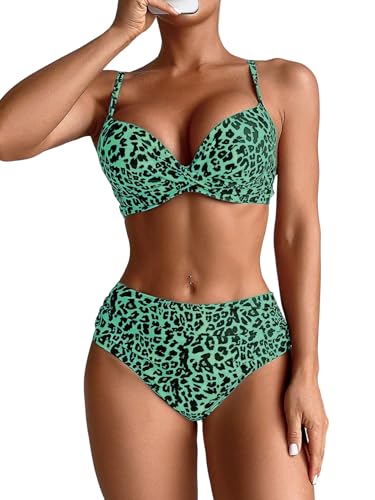 GORGLITTER Damen Push Up Bikini Sets Zweiteiliger Bademode Leoparden Badeanzug Hohe Taille Swimmsuit Set Strand Outfit Grün L von GORGLITTER