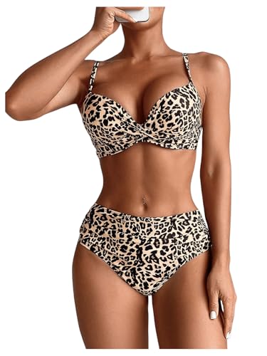 GORGLITTER Damen Push Up Bikini Sets Leoparden Bademode Zweiteiliger Badeanzug Hohe Taille Strand Swimmsuit Outfit Set Khaki XL von GORGLITTER
