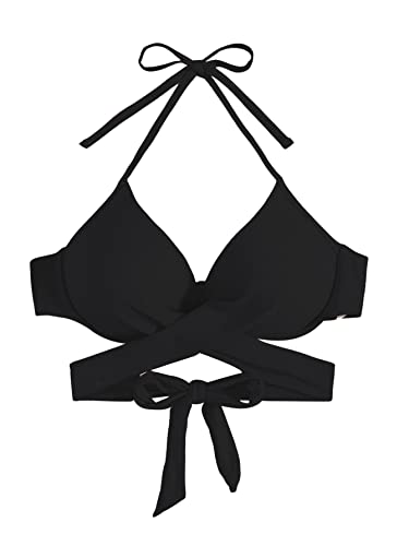 GORGLITTER Damen Push Up Bikinioberteil Wrap Bikinis Neckholder Bikini Oberteil Swimwear Bikinitop mit Wickel Schwarz M von GORGLITTER