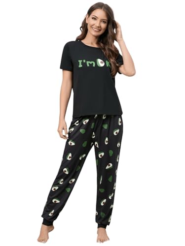 GORGLITTER Damen Pyjama Schlafanzug Set Kurzarm Top und Lange Schlafhose Hosenset Zweiteiliger Hausanzug mit Muster Schwarz M von GORGLITTER