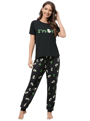 GORGLITTER Damen Pyjama Schlafanzug Set Kurzarm Top und Lange Schlafhose Hosenset Zweiteiliger Hausanzug mit Muster Schwarz XL von GORGLITTER
