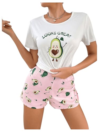GORGLITTER Damen Pyjama Set Avocad Top und Short Sets Kurze Hose Schlafshirt Zweiteiliger Schlafanzug Schriftzug Cartoon-Rosa XL von GORGLITTER