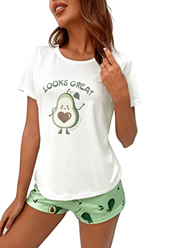 GORGLITTER Damen Pyjama Set Avocad Top und Short Sets Kurze Hose Schlafshirt Zweiteiliger Schlafanzug Schriftzug Weiß und Grün L von GORGLITTER
