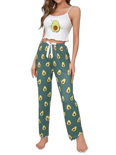 GORGLITTER Damen Pyjama Set Cami Top und Lange Schlafhose Sets Schlafanzug Zweiteiliger mit Schlaftop Hose Hausanzug Set mit Avocado Muster Mehrfarbig M von GORGLITTER