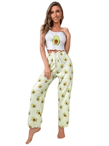 GORGLITTER Damen Pyjama Set Cami Top und Lange Schlafhose Sets Schlafanzug Zweiteiliger mit Schlaftop Hose Hausanzug Set mit Avocado Muster Weiß L von GORGLITTER