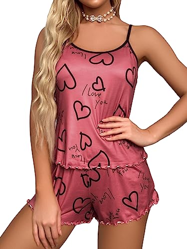 GORGLITTER Damen Pyjama Set Cami Top und Shorts mit Wellensaum Pyjama Sets Zweiteiliger Schlafanzug Schriftzug mit Herz Muster Rosenrot M von GORGLITTER