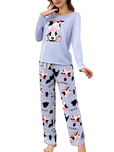 GORGLITTER Damen Pyjama Set Cartoon Kuh Schlafanzug Langarm Shirts mit Langer Pyjamahose Herbst Hausanzug Zweiteilige Nachtwäsche Set Helles Lila XL von GORGLITTER