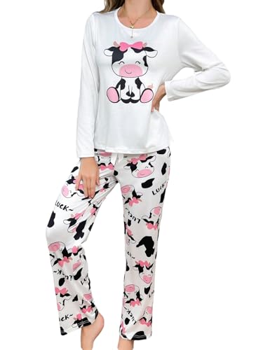 GORGLITTER Damen Pyjama Set Cartoon Kuh Schlafanzug Langarm Shirts mit Langer Pyjamahose Herbst Hausanzug Zweiteilige Nachtwäsche Set Weiß S von GORGLITTER