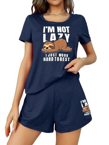GORGLITTER Damen Pyjama Set Kurz Schlafanzug mit Kurzarm Tshirt und Shorts Sets Süße Kartoon Zweiteiliger Hausanzug Nachtwäsche Loungewear Dunkelblau XL von GORGLITTER