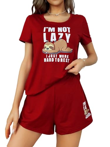 GORGLITTER Damen Pyjama Set Kurz Schlafanzug mit Kurzarm Tshirt und Shorts Sets Süße Kartoon Zweiteiliger Hausanzug Nachtwäsche Loungewear Rot L von GORGLITTER