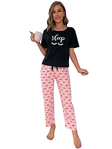 GORGLITTER Damen Pyjama Set Kurzarm Top und Lange Schlafhose Sets Schlafshirt Zweiteiliger Schlafanzug Hausanzug Schwarz und Rosa L von GORGLITTER