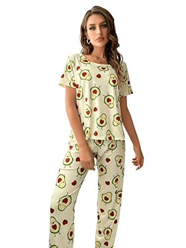 GORGLITTER Damen Pyjama Set Kurzarm Top und Lange Schlafhose Sets Schlafshirt Zweiteiliger Schlafanzug Hausanzug mit Avocado Muster Grün und Rot L von GORGLITTER