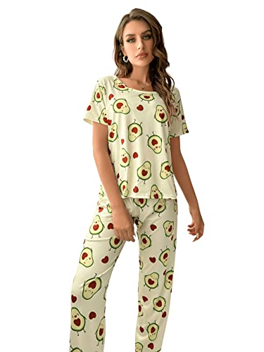 GORGLITTER Damen Pyjama Set Kurzarm Top und Lange Schlafhose Sets Schlafshirt Zweiteiliger Schlafanzug Hausanzug mit Avocado Muster Grün und Rot S von GORGLITTER