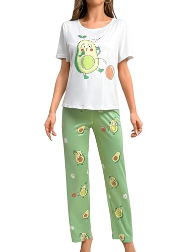 GORGLITTER Damen Pyjama Set Kurzarm Top und Lange Schlafhose Sets Schlafshirt Zweiteiliger Schlafanzug Hausanzug mit Avocado Muster Minzgrün L von GORGLITTER