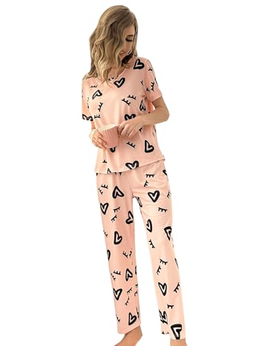 GORGLITTER Damen Pyjama Set Kurzarm Top und Lange Schlafhose Sets Schlafshirt Zweiteiliger Schlafanzug Hausanzug mit Avocado Muster Rosa M von GORGLITTER