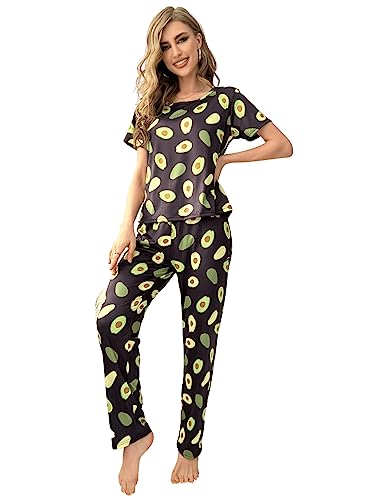 GORGLITTER Damen Pyjama Set Kurzarm Top und Lange Schlafhose Sets Schlafshirt Zweiteiliger Schlafanzug Hausanzug mit Avocado Muster Schwarz L von GORGLITTER