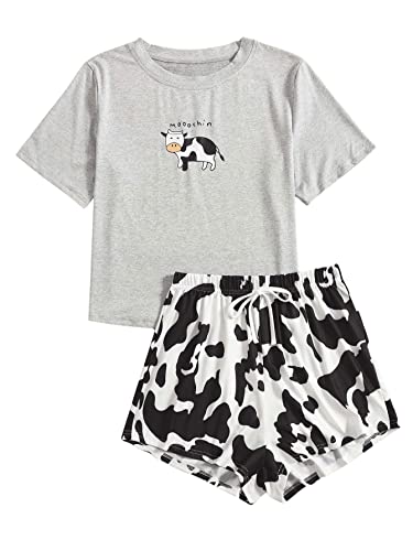 GORGLITTER Damen Pyjama Set Kurzarm Top und Sommer Short Hose Zweiteiliger Schlafanzug Grau und Schwarz und Weiß L von GORGLITTER