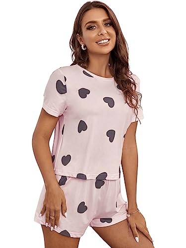 GORGLITTER Damen Pyjama Set Kurzarmshirt und Short Sets Schlafanzug Pyjama mit Herzen Muster Grau-Rosa M von GORGLITTER