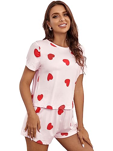 GORGLITTER Damen Pyjama Set Kurzarmshirt und Short Sets Schlafanzug Pyjama mit Herzen Muster Rosa M von GORGLITTER