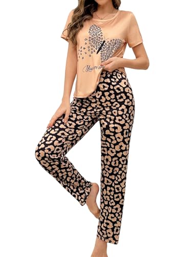 GORGLITTER Damen Pyjama Set Lang Schlafanzug mit Leopardenmuster Zweiteilige Hausanzug Kurzarmshirt mit Langer Pyjamahose Nachtwäsche Khaki M von GORGLITTER