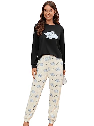 GORGLITTER Damen Pyjama Set Langarm Tops und Hosensets Schlafanzug Set Zweiteilig Sleepwear Schlafanzüge Schwarz und Aprikosenfarben L von GORGLITTER