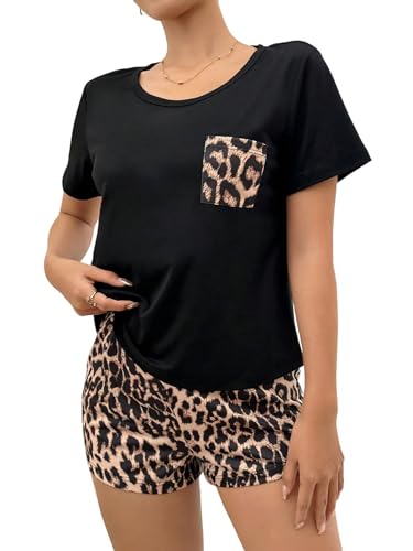 GORGLITTER Damen Pyjama Set Leoparden Muster Schlafanzug Kurz Oberteil und Shorts Sommer Nachtwäsche Hausanzug Lounge Set Homewear Leo XL von GORGLITTER