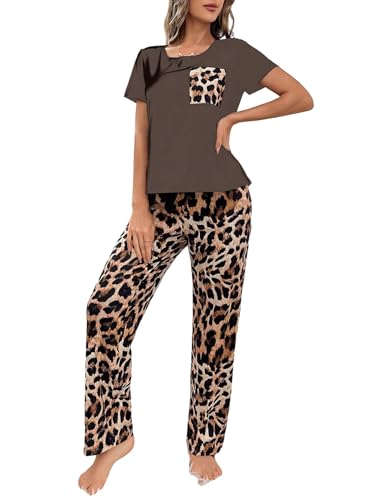 GORGLITTER Damen Pyjama Set Leopardenmuster Schlafanzug Kurzarm Shirt mit Pyjamahose Nachtwäsche Hausanzug Zweiteilige Loungewear Set Leo S von GORGLITTER