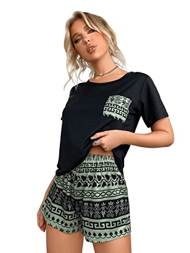 GORGLITTER Damen Pyjama Set Rundhals Kurzarmshirt und Shorts Sets 2-teiliges Set Schlafanzug mit Grafik Muster Schwarz und Grün M von GORGLITTER