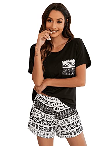 GORGLITTER Damen Pyjama Set Rundhals Kurzarmshirt und Shorts Sets 2-teiliges Set Schlafanzug mit Grafik Muster Schwarz und Weiß M von GORGLITTER