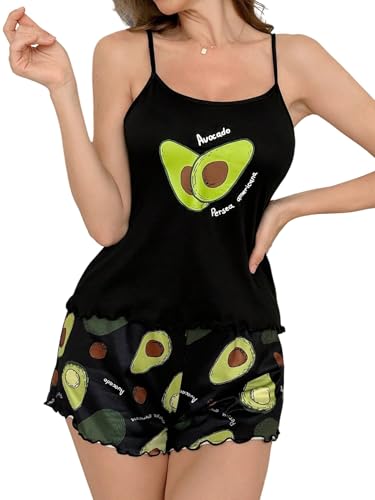 GORGLITTER Damen Pyjama Sets Kurze Schlafanzug Avocado Muster Hausanzug mit Spaghettiträger Top und Shorts Schlafanzüge Nachtwäsche Schlafwäsche Schwarz M von GORGLITTER