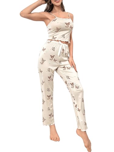 GORGLITTER Damen Pyjama Sets Spaghettiträger Shirt Hosensets Schlafanzüge Lässig Hauseanzug mit Wellensaum Aprikosenfarben L von GORGLITTER