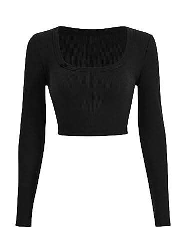 GORGLITTER Damen Rippenstrick Crop T-Shirt Bauchfrei Langarmshirt Quadratischem Kragen Oberteil Pullover Klassci T Shirts Cropped Langarm Shirts Schwarz S von GORGLITTER