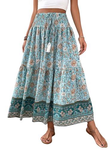 GORGLITTER Damen Rock A-Linie Bohorock Langer Sommerrock Casual Blumenrock Locker Urlaubrock mit Tunnelzug bedruckter Maxirock Strandrock Grün M von GORGLITTER