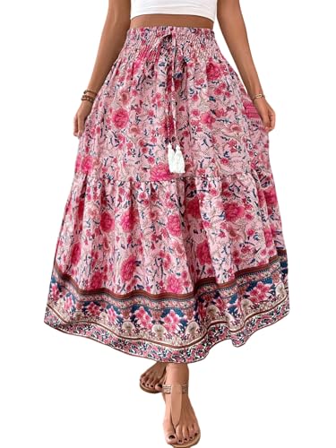 GORGLITTER Damen Rock A-Linie Bohorock Langer Sommerrock Casual Blumenrock Locker Urlaubrock mit Tunnelzug bedruckter Maxirock Strandrock Rosa XL von GORGLITTER