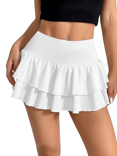 GORGLITTER Damen Rock A-Linie Minirock mit Rüschensaum Mehrschichtig Sommerrock Reißverschluss Freizeitrock Kurze Röcke Casualrock Sommer Outfits Weiß XS von GORGLITTER