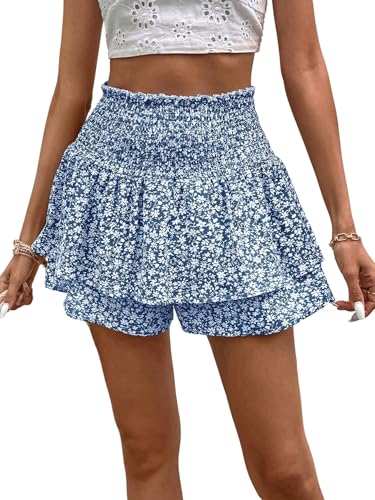 GORGLITTER Damen Rock Blümchenmuster Mehrschichtig Sommershorts Boho Kurzer Hosnenrock Hohe Taille Minishorts Elastischer Bund Casualshort Blau S von GORGLITTER