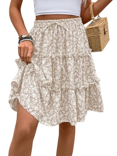 GORGLITTER Damen Rock Blümchenmuster Midirock Sommer A Linie Freizeitrock Knielang Röcke Langer Sommerrock mit Knoten Boho Herbst Outfitrock Strandrock Aprikosenfarben M von GORGLITTER