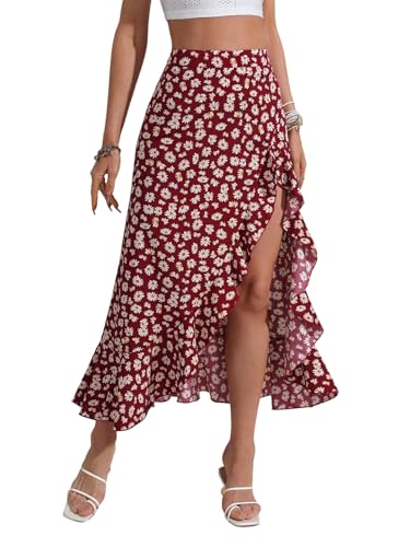 GORGLITTER Damen Rock Blümchenmuster Midirock Sommer Hohe Taille Freizeitrock mit Schlitz Lange Röck Rüschensaum Sommerrock Boho Asymmetrisch Freizeitrock Rot L von GORGLITTER