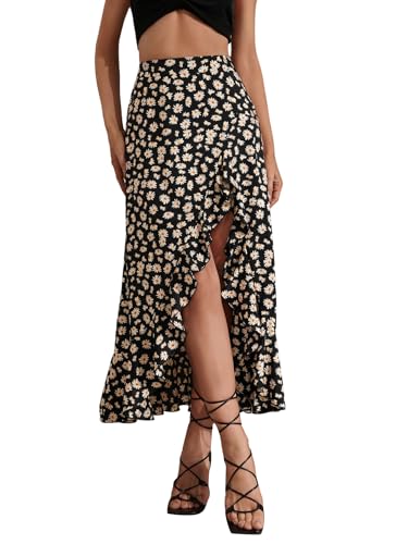 GORGLITTER Damen Rock Blümchenmuster Midirock Sommer Hohe Taille Freizeitrock mit Schlitz Lange Röck Rüschensaum Sommerrock Boho Asymmetrisch Freizeitrock Schwarz L von GORGLITTER
